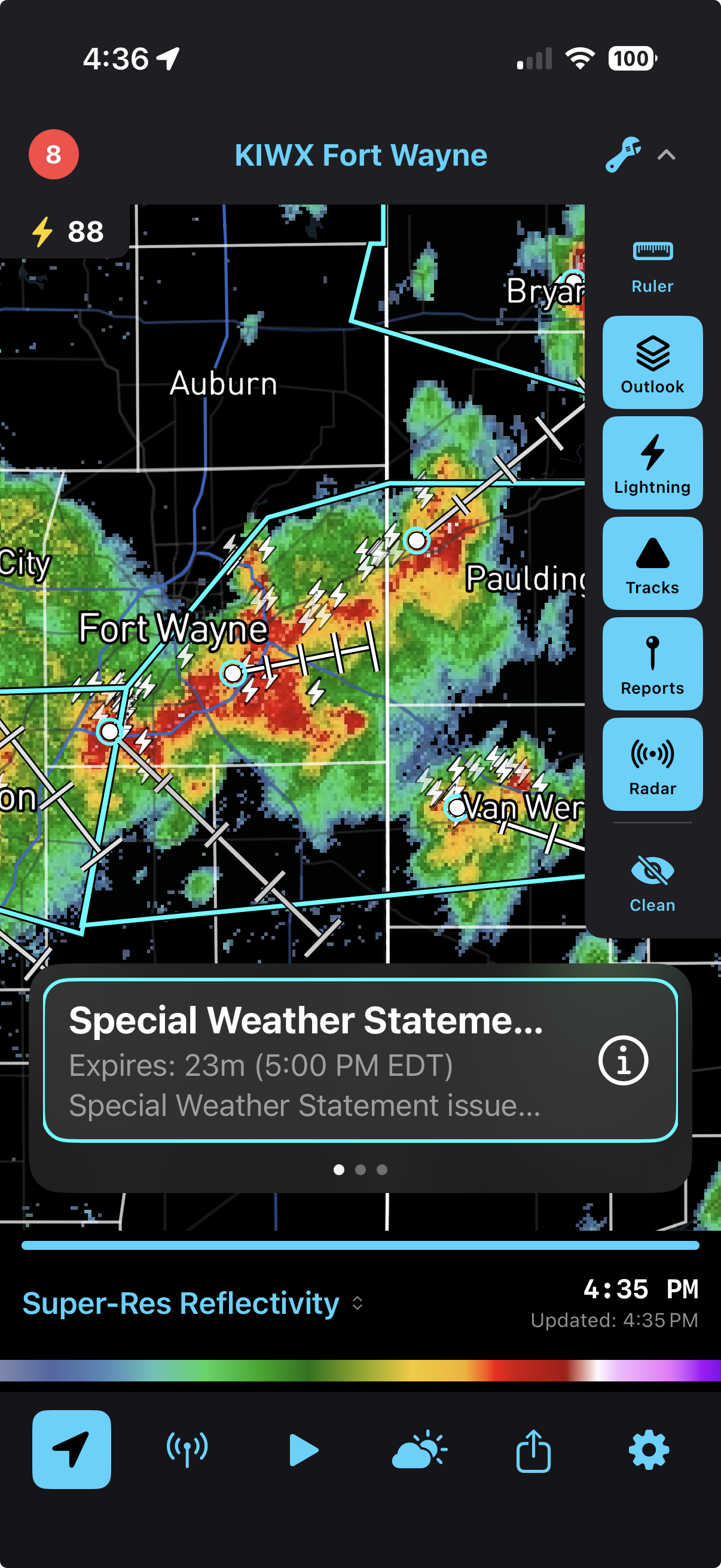 RadarCast over Fort Wayne, Indiana — lightning strike bolts layered on a severe storm, storm-track barbs, warning polygon, and the overlay toolbar visible on the right edge.